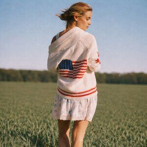 Maeve Shawl Collar American Flag Cardigan Sweater Size Small a little Over sized